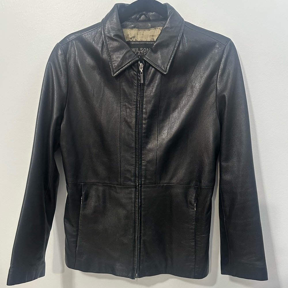 Wilsons Leather Pelle Studio Classic Black Satin Lined Jacket Size Medium